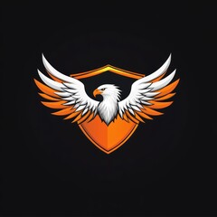 Obraz premium White eagle with orange wing tips displayed inside a shield against black background, used for branding