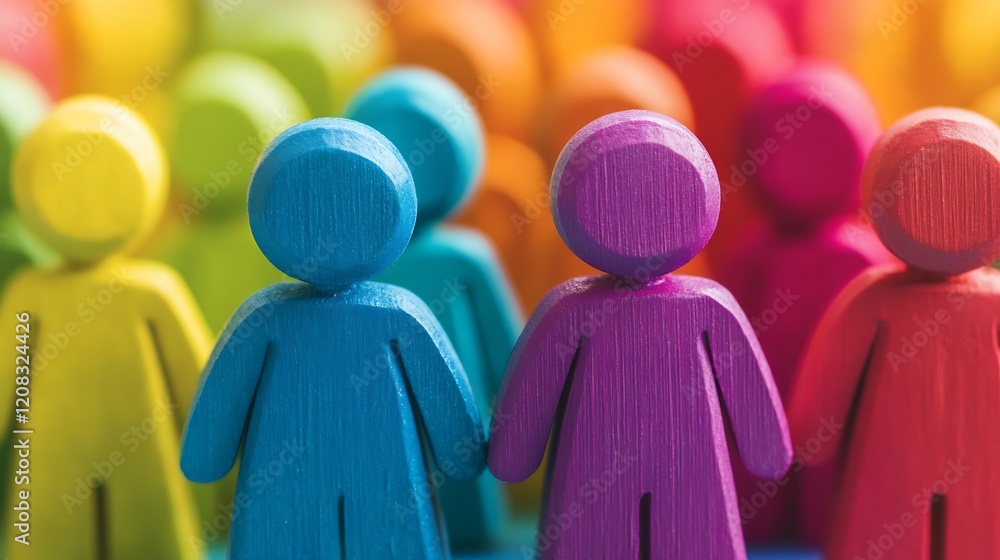 Poster close-up of vibrant colored wooden figures symbolizing teamwork and unity : generative ai