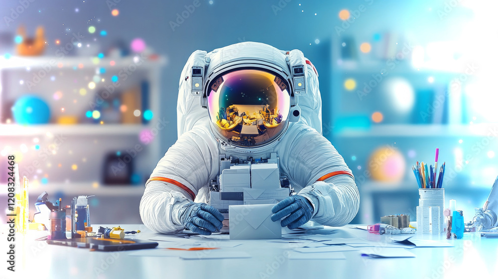 Poster sorting mail in space with a futuristic astronaut in a colorful, modern setting