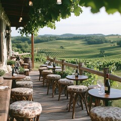 Serene Vineyard Terrace: Relaxing Outdoor Seating with Scenic Rolling Hills View