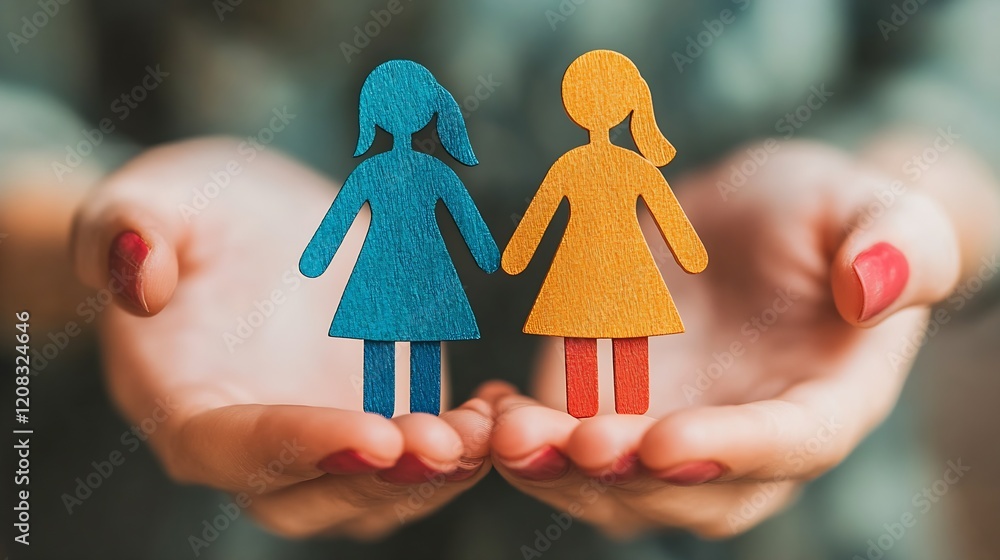 Poster diverse unity concepts with wooden figures held in caring hands : generative ai