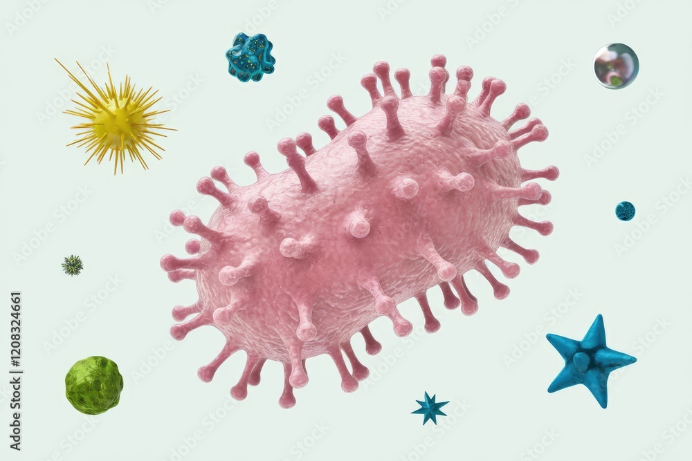 Aufkleber microscopic view of various viruses and microorganisms, including a prominent pink virus.