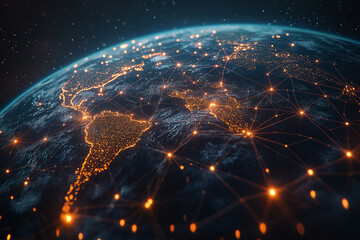 Global Network Map with Illuminated Digital Connections Highlighting International Communication, Cyber Technology, and Futuristic Data Visualization