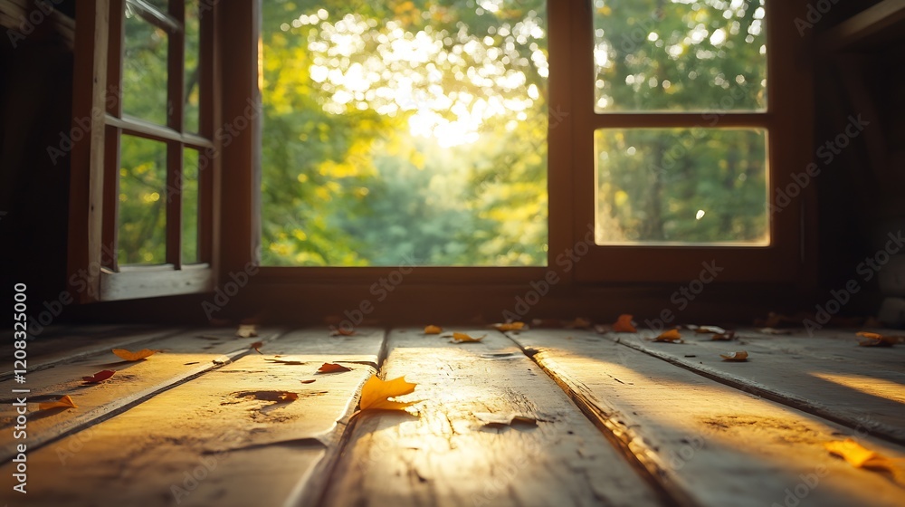 Poster Golden Sunset Filtering Through Open Windows Illuminating Rustic Interior with Falling Leaves : Generative AI