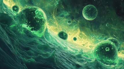 a mesmerizing aurora of digital emerald particles dancing through space, creating ethereal waves of light with glowing orbs and crystalline fragments, volumetric lighting, ultra-detailed