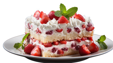 Close-up of strawberry shortcake slice with creamy layers and juicy berries, studio view, isolated on transparent background.