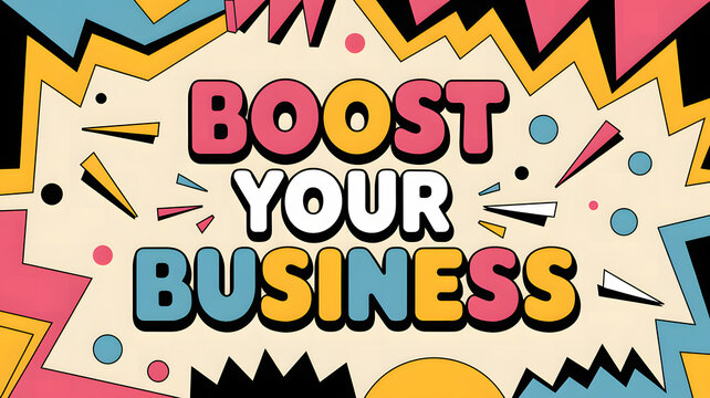 Playful pop-art style "Boost Your Business" text with bold colors, zigzag patterns, and energetic bursts creating a fun and engaging promotional visual.

