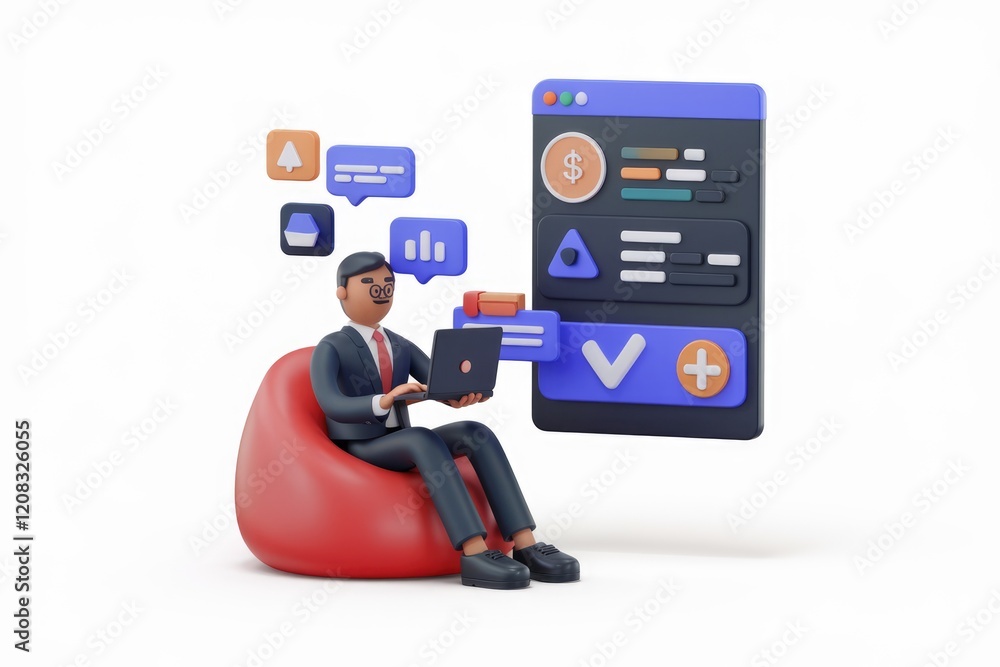 Poster A 3D rendered image of a businessman working on his laptop, surrounded by digital interface elements.