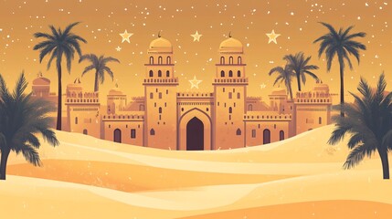 Obraz premium Exquisite Arabian Towers Palace amidst Palms, Stars, and Sand Desert Vector