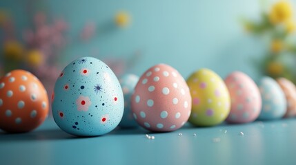 Colorful easter eggs in a row on a blue background for holiday decoration