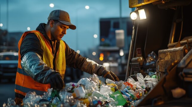 Male adult sorting recyclables on city street in evening
