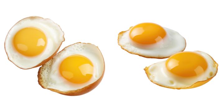 Pair of golden fried eggs isolated on transparent background, PNG die-cut, Set of