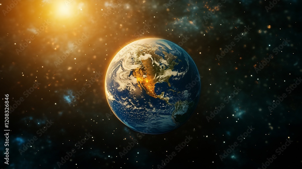 Poster magical earth and sun in the cosmic universe shining with stars in a vast celestial space : generati
