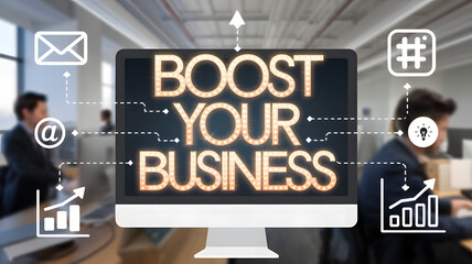 Lit-up "Boost Your Business" text on a desktop screen with office background and email icons. Ideal for showcasing business growth through digital tools and marketing.


