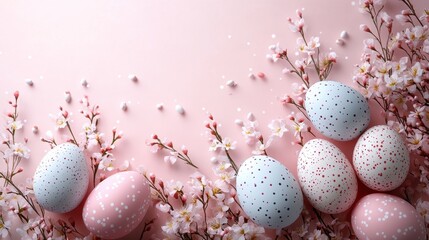 Fototapeta premium Colorful easter eggs and cherry blossoms on pink background - perfect for spring celebrations