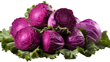 Cross-section of fresh red cabbage showing intricate purple swirls and texture, studio view, isolated on transparent background.