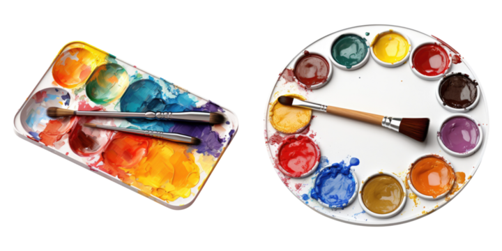 Palette with or gouache isolated on transparent background, PNG die-cut, Set of