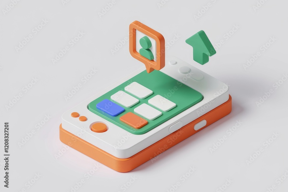 Poster 3D illustration of a mobile phone with an upward arrow, profile icon, and buttons, symbolizing data upload and user profile.