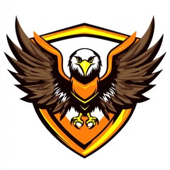 Obraz premium Brown eagle with open wings in front of a shield, graphic design, logo or mascot use