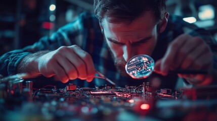 Focused technician using magnifying glass and tweezers while examining and repairing electronic circuit board in advanced technology laboratory at night