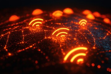 Illuminated Waves of Wireless Connectivity - Abstract Concept of Communication Technology with Glowing Symbols and Waves