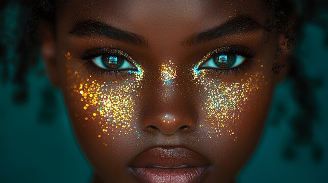 A man's portrait, with his skin shimmering in silver glitter, set against a neon green light that accentuates the contrasting boldness and delicacy