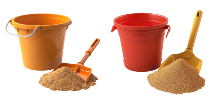 Plastic bucket shovel and sand isolated on transparent background, PNG die-cut, Set of