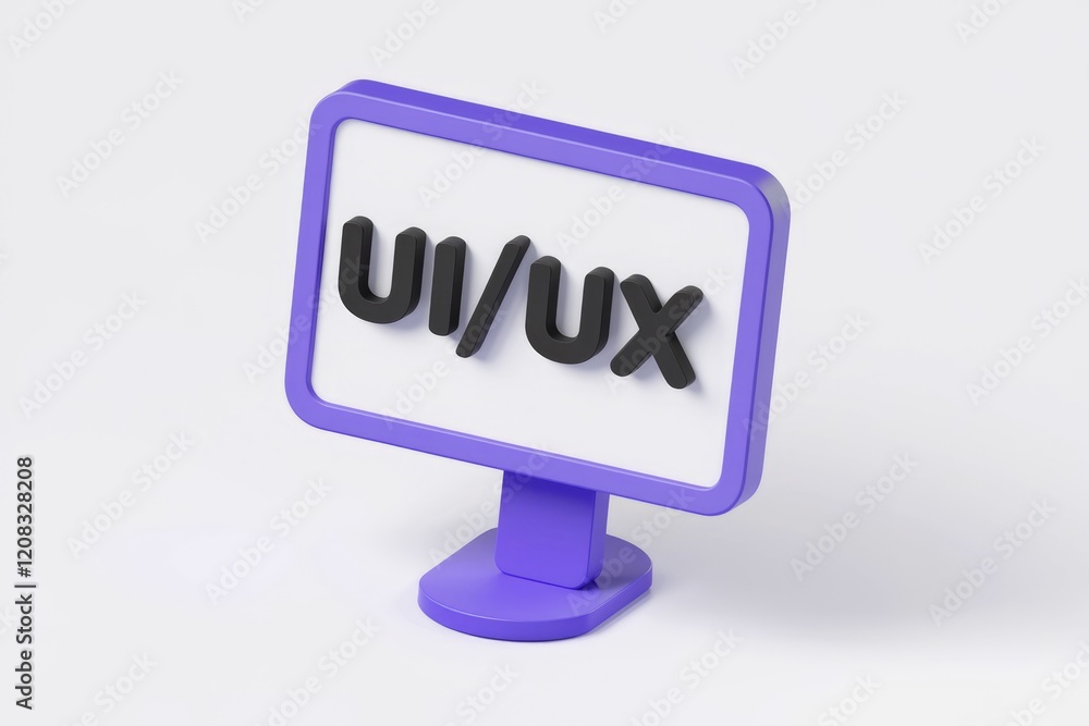 Aufkleber A 3D render of a purple monitor displaying UI/UX design.