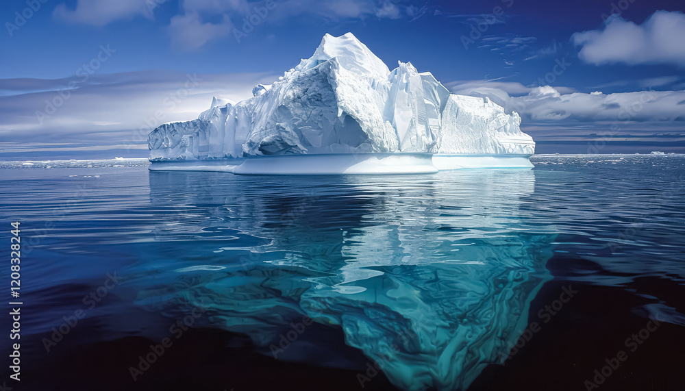 Poster large ice block floating in the ocean. the water is calm and blue. the ice block is surrounded by wa