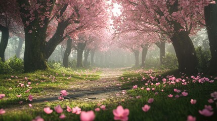 Serene cherry blossom path in blooming spring forest scenery