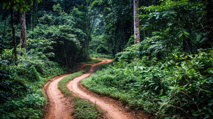 Obraz premium Dirt road in a jungle with a few trees and a few banana trees. The road is winding and the trees are lush and green