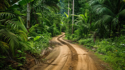 Fototapeta premium Dirt road in a jungle with a few trees and a few banana trees. The road is winding and the trees are lush and green