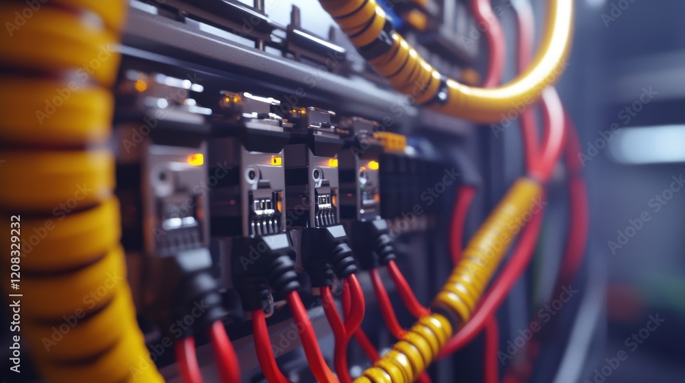 Poster close up of server rack cables transmitting data, highlighting the essential role of network infrast