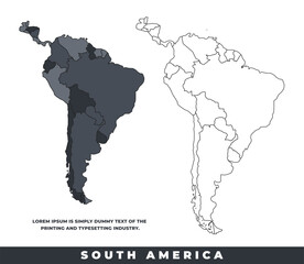 South America political regions black color outline map set