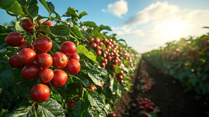 Vibrant Red Fruits Growing in Rows Under a Sunny Sky