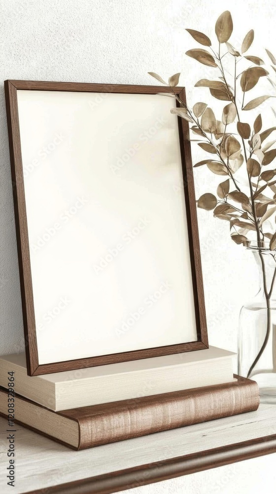 Aufkleber mockup of an empty horizontal poster in a wooden frame displayed on a shelf with elegant decor