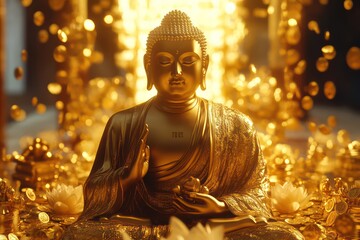 A compassionate Buddha statue in a meditative pose, the face glowing with serenity and kindness, surrounded by radiant golden treasures