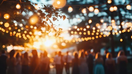 a vibrant garden soiree at dusk, string lights creating a magical canopy overhead, silhouettes of guests dancing and mingling beneath warm golden illumination, bokeh effect