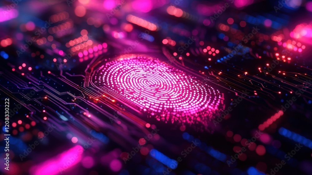 Poster fingerprint scan on circuit board, digital security concept