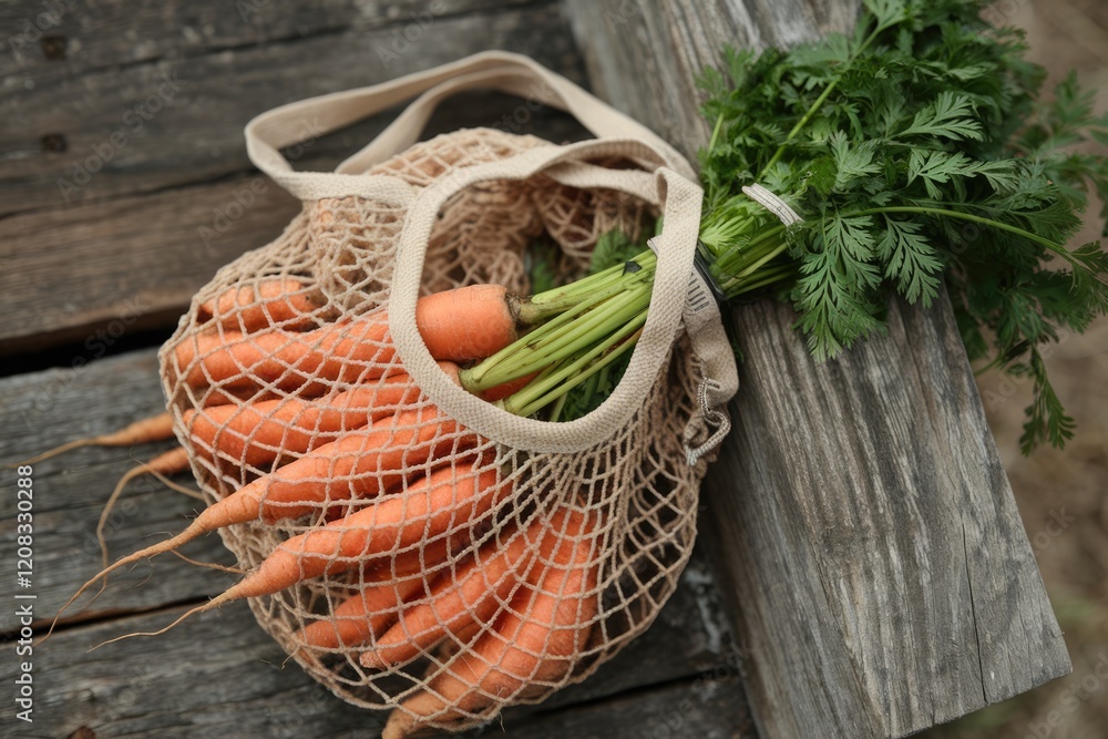 Poster freshly harvested carrots in a reusable string bag, accompanied by vibrant green carrot tops.