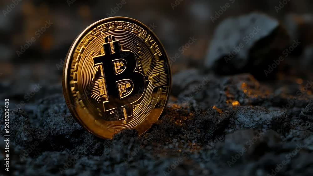 Poster Golden bitcoin standing on coal symbolizing the environmental impact of cryptocurrency mining and its energy consumption. Highlighting the debate around sustainable finance and investment strategies