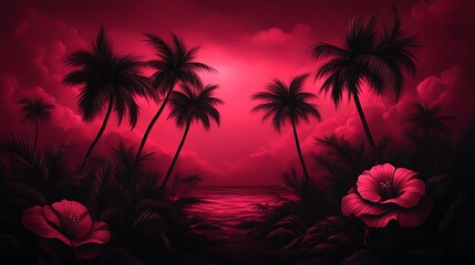 Obraz premium Crimson Sunset Tropical Paradise Palm Trees Flowers