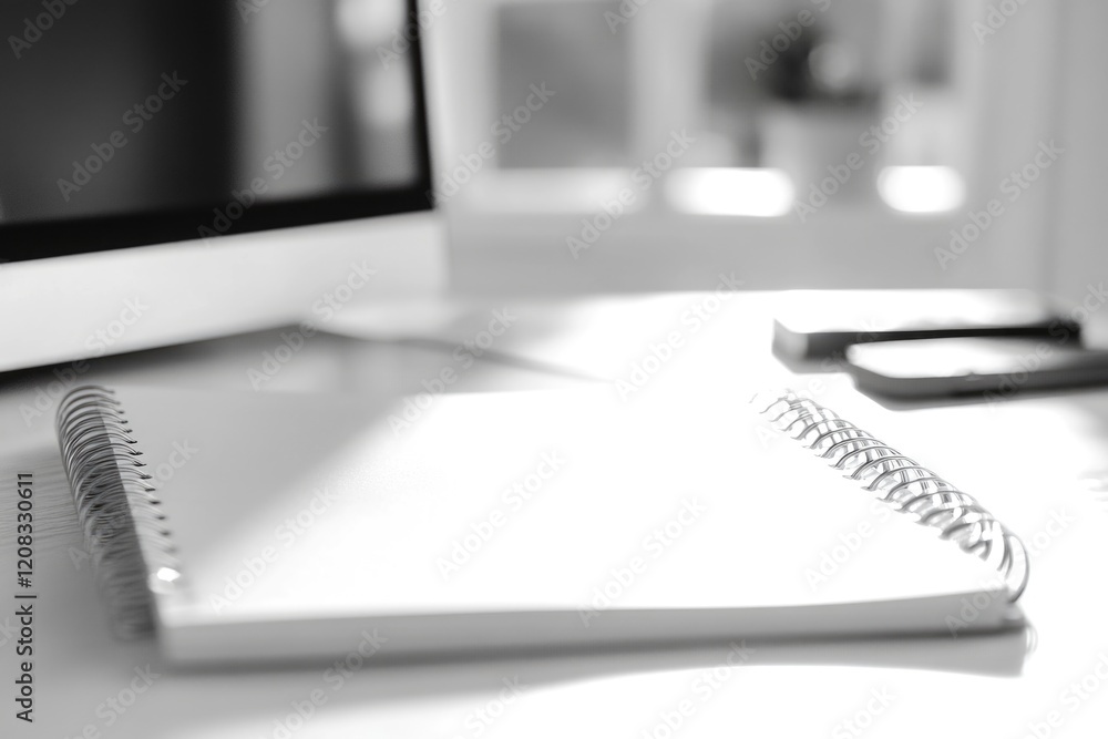 Poster a person working at their desk with a computer monitor and notebook