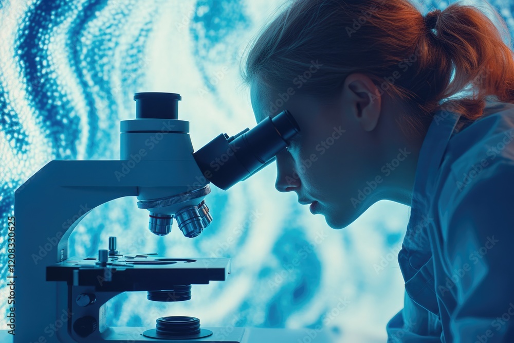 Poster a female scientist intently examines a sample through a microscope in a laboratory setting.