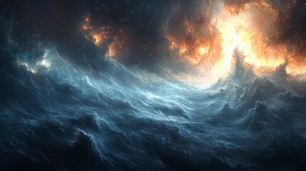 Fototapeta premium Fiery cosmic cloudscape with swirling nebulae and stars.