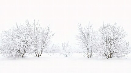 Serene Isolated Snow-Covered Landscape with Bare Trees in White