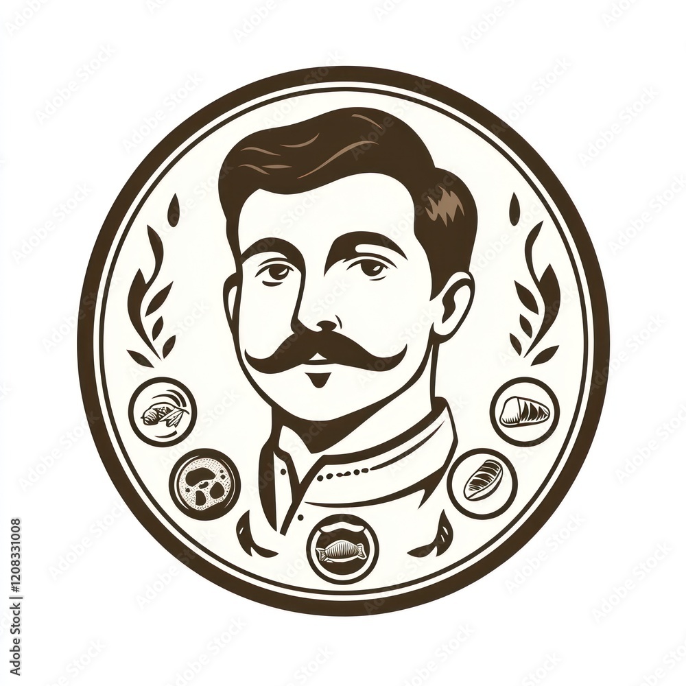Poster man portrait illustration with food around the circle. graphic for menu or website use