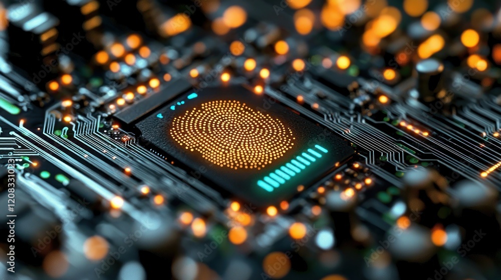 Poster fingerprint scan on circuit board, technological security