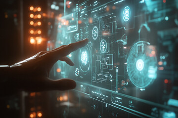 Obraz premium Human Touch Meets Glowing Abstract Energy with Futuristic Particles and Cosmic Light Networks Depicting Innovation and Digital Interaction