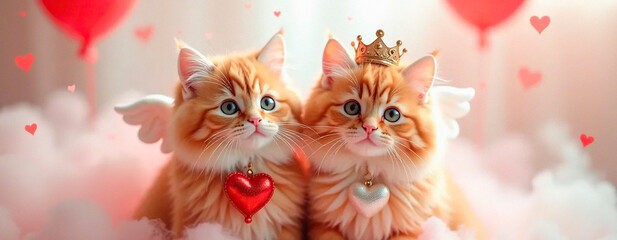 Cat Love Two red cat with a eyes | Happy Day Valentine&acute;s | Commercial | Cute | Sky Background | Background for a love project  | Fantasy Sky Balloons
